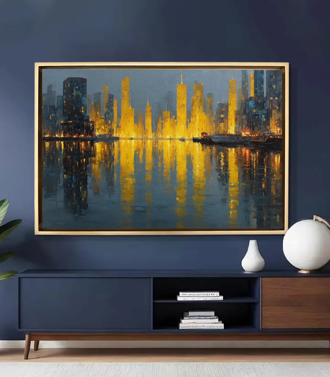 Cuadro Golden Skyline en salón moderno con decoración en azul y dorado