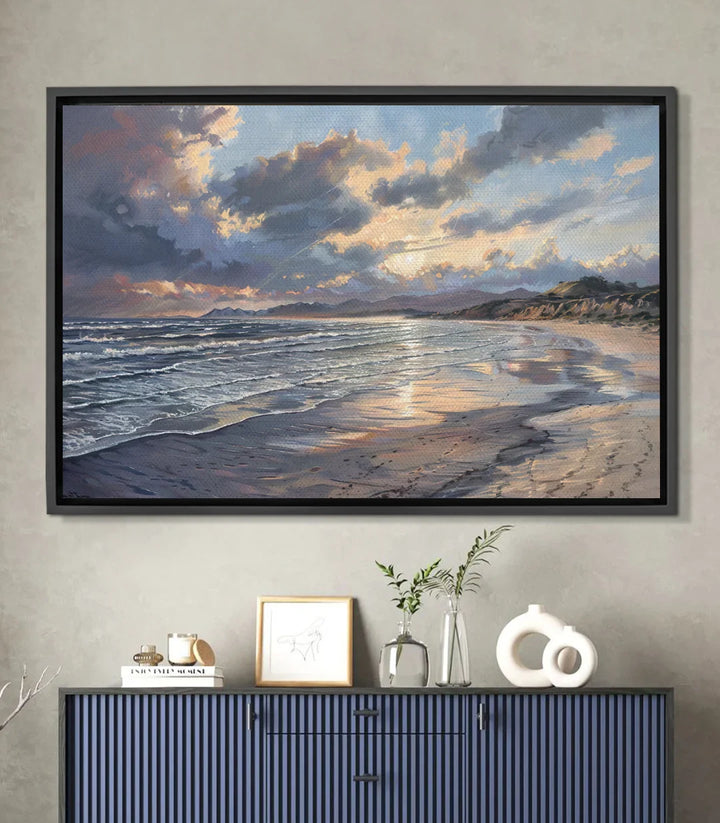 Cuadro playa atardecer Ocean Breath — paisaje marino dorado sobre lienzo Massinart