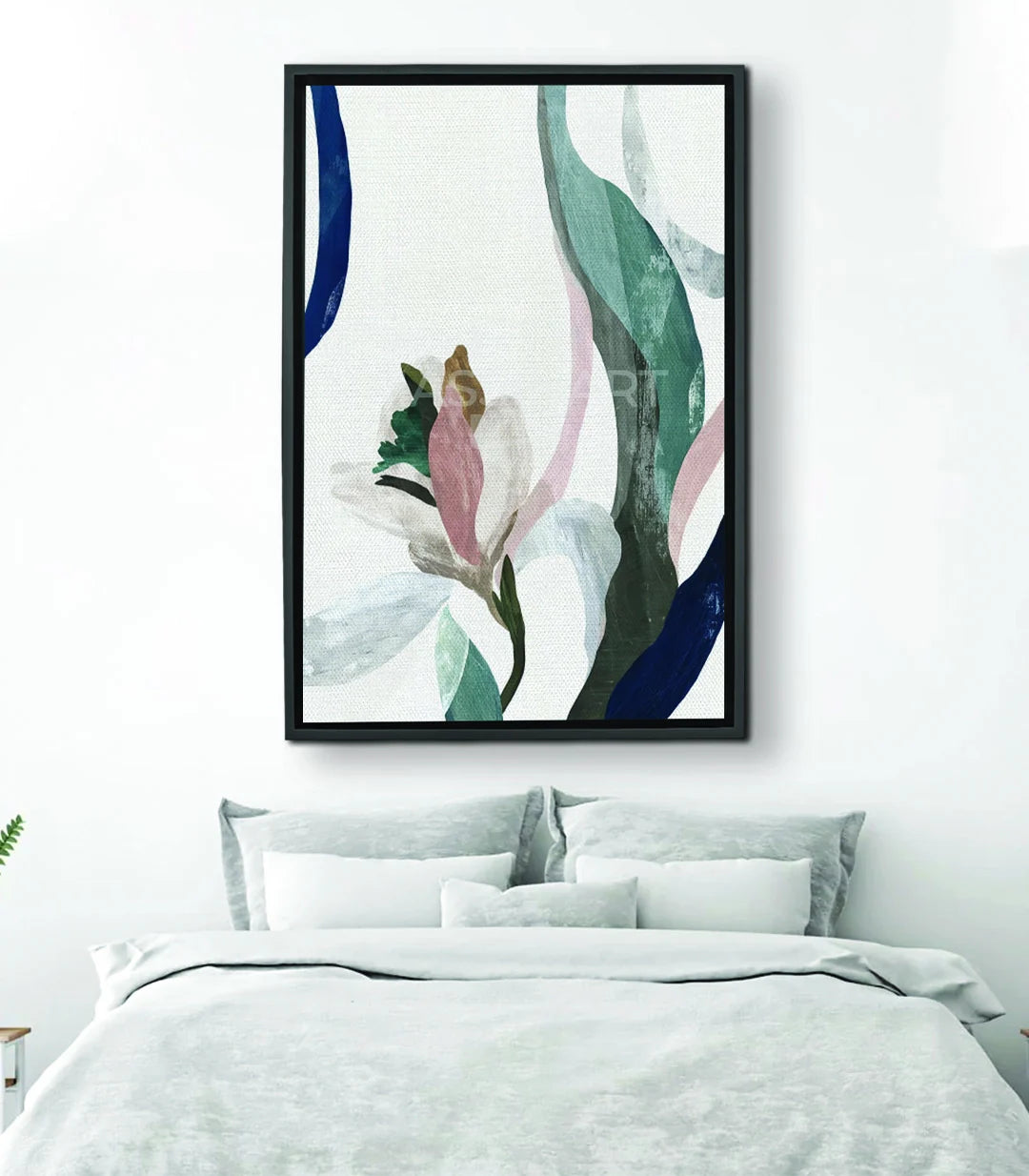 Cuadro Minimal Blossom flor rosa y hojas verdes estilo minimalista Massinart