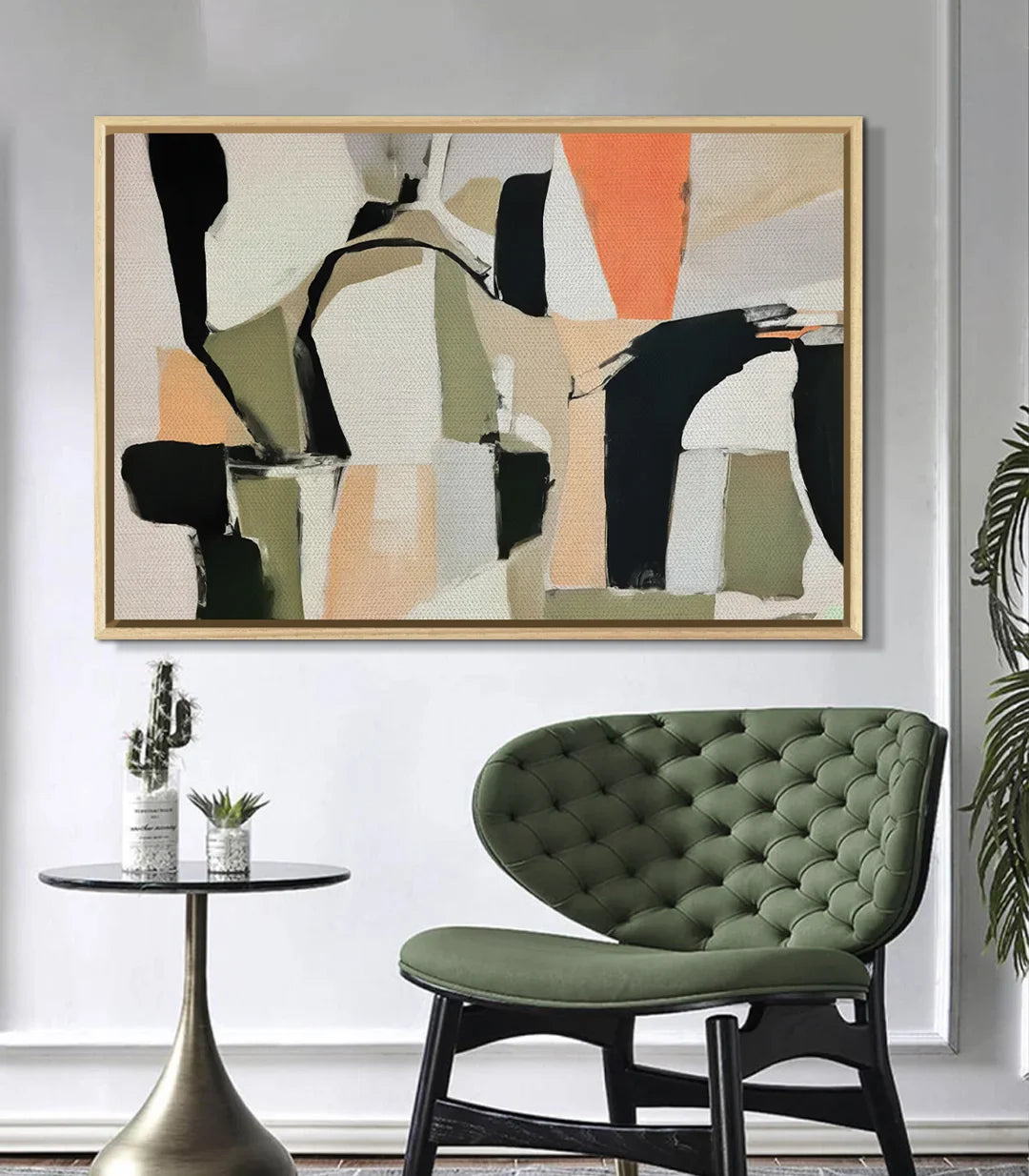 Cuadro Olive Dusk en interior contemporáneo — diseño abstracto geométrico apagado