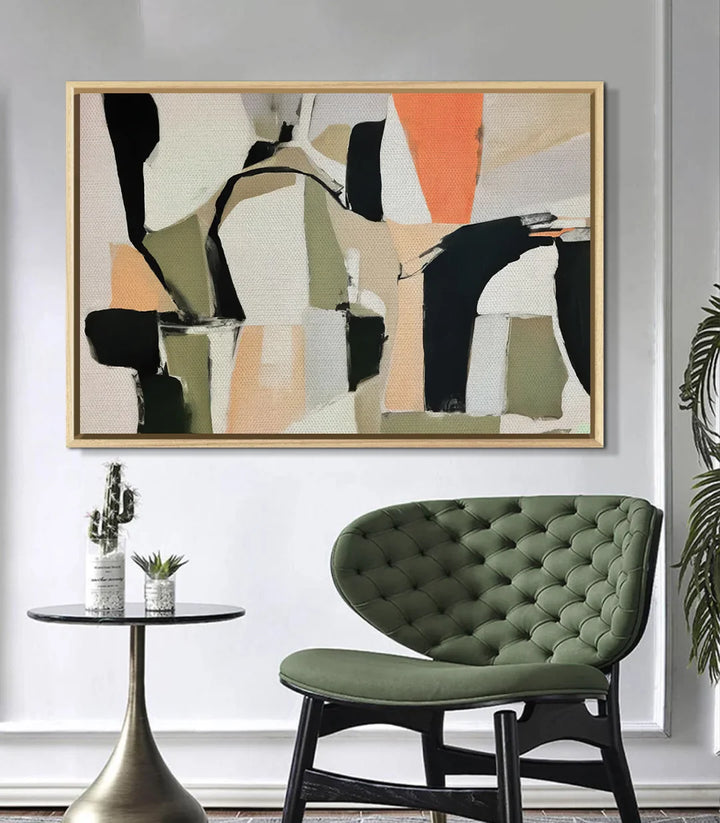 Cuadro Olive Dusk en interior contemporáneo — diseño abstracto geométrico apagado