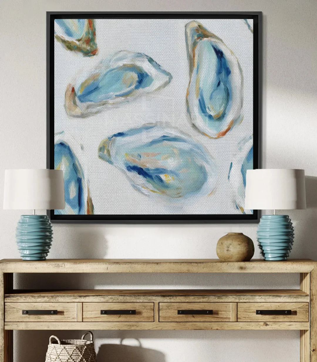 Cuadro de conchas azules estilo minimalista costero, arte mural Massinart