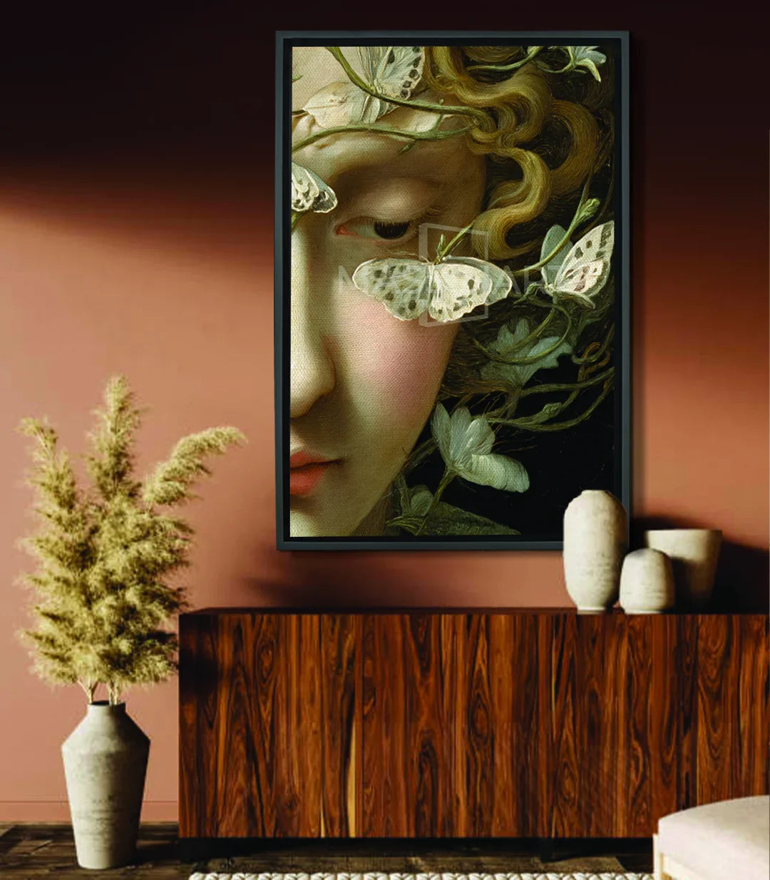 Cuadro Dream Gaze retrato mujer con mariposas — perfil de rostro, ojos cerrados, mariposas blancas y flora verde, estilo figurativo