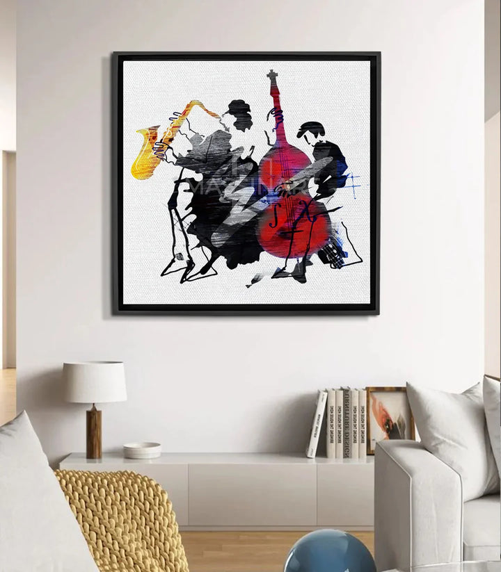Cuadro Jazzique cuadrado con músicos abstractos, saxofón dorado y violonchelo rojo sobre fondo negro y blanco — Massinart