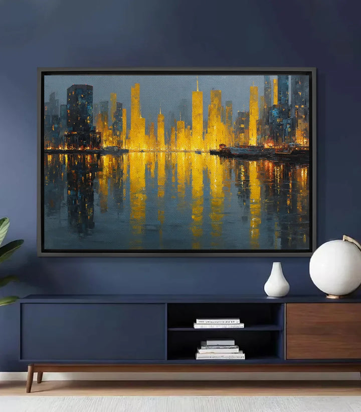 Cuadro Golden Skyline de Massinart — skyline urbano con rascacielos dorados reflejados en el agua