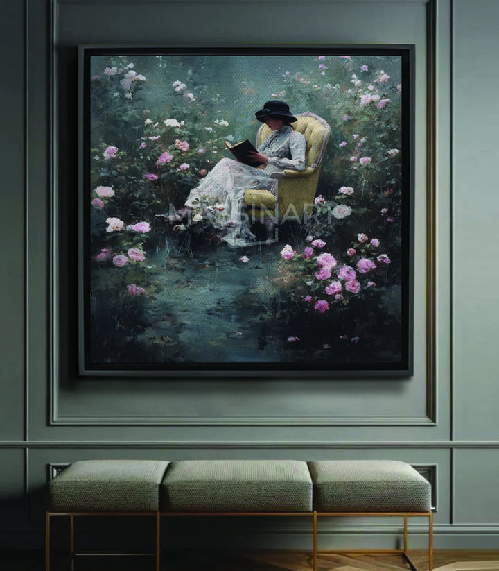 Cuadro Floral Escape Massinart — mujer vintage leyendo rodeada de flores rosas