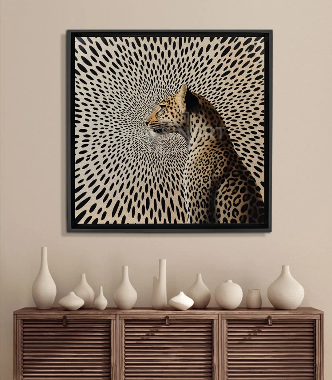 Cuadro de leopardo con motivos geométricos en negro y beige, estilo photo-art — Massinart