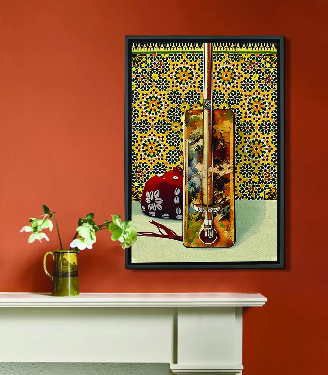 Cuadro Gnawa Rythm — composición zellige amarillo dorado con instrumento gnawa, arte marroquí contemporáneo, Massinart