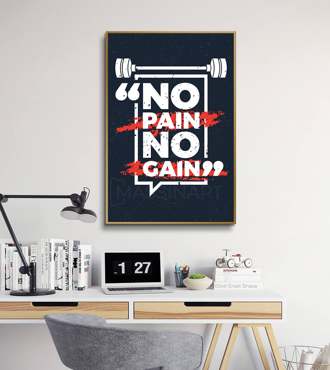 Cuadro motivacional No Pain No Gain en decoración de oficina — tipografía urbana al estilo fitness