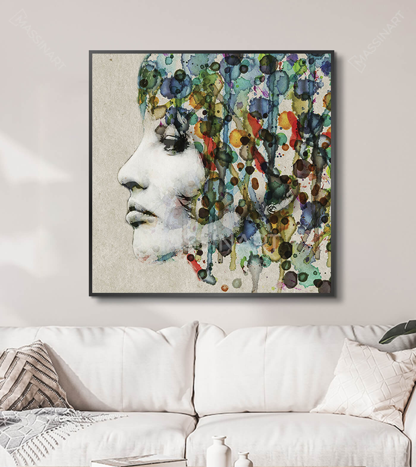 Cuadro mujer retrato decoración salón moderno tonos amarillo y verde Massinart