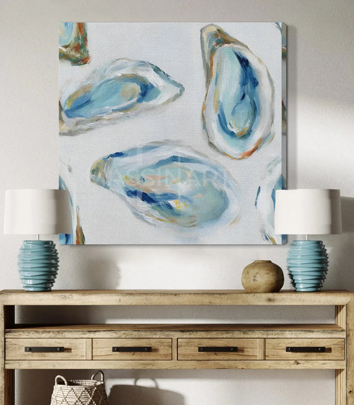 Cuadro Blue Shells en dormitorio, ambiente sereno y minimalista Massinart