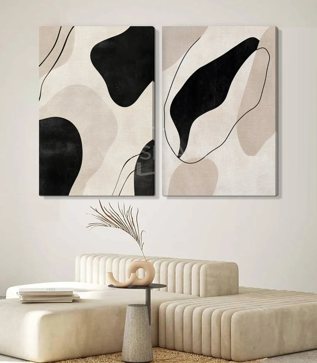 Cuadro Flowing Silence negro, blanco y beige en decoración interior contemporánea, Massinart