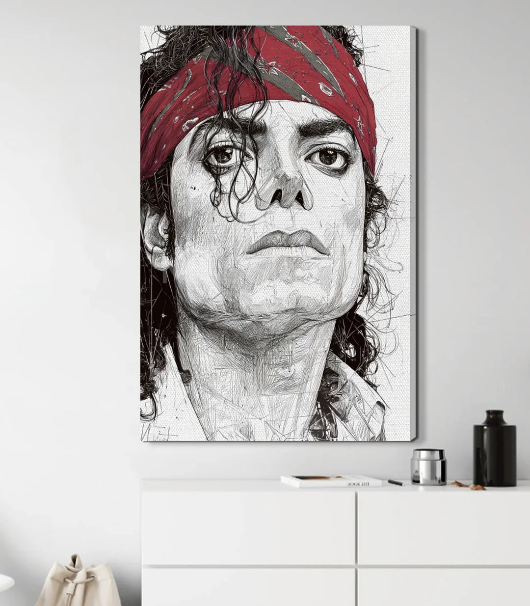 Decoración salón moderno con cuadro retrato Michael Jackson en blanco y negro — Massinart