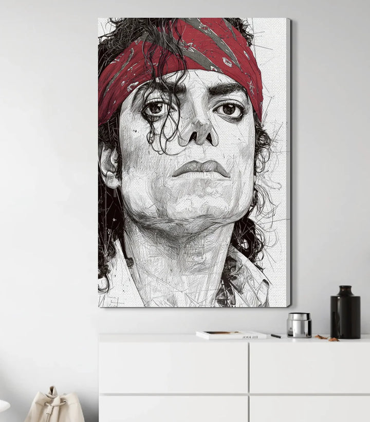 Decoración salón moderno con cuadro retrato Michael Jackson en blanco y negro — Massinart