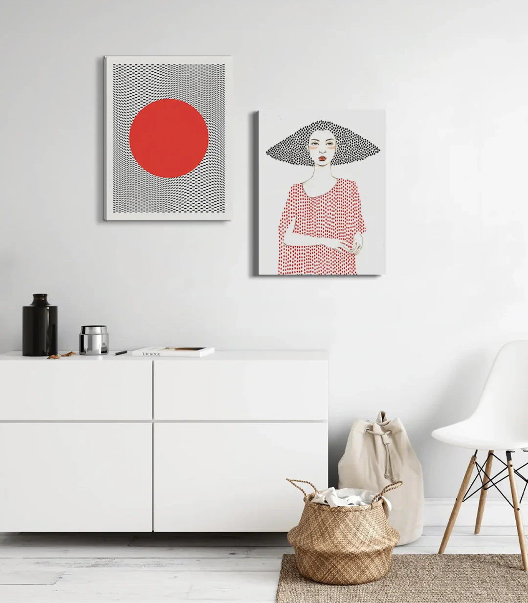 Cuadro círculo solar rojo sobre motivos de puntos — arte mural minimalista Massinart