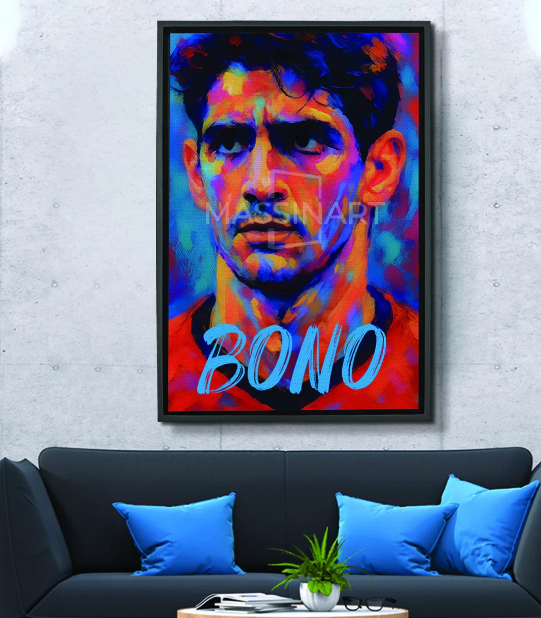 Cuadro retrato pop-art Bono con colores azul, naranja y rojo sobre lienzo