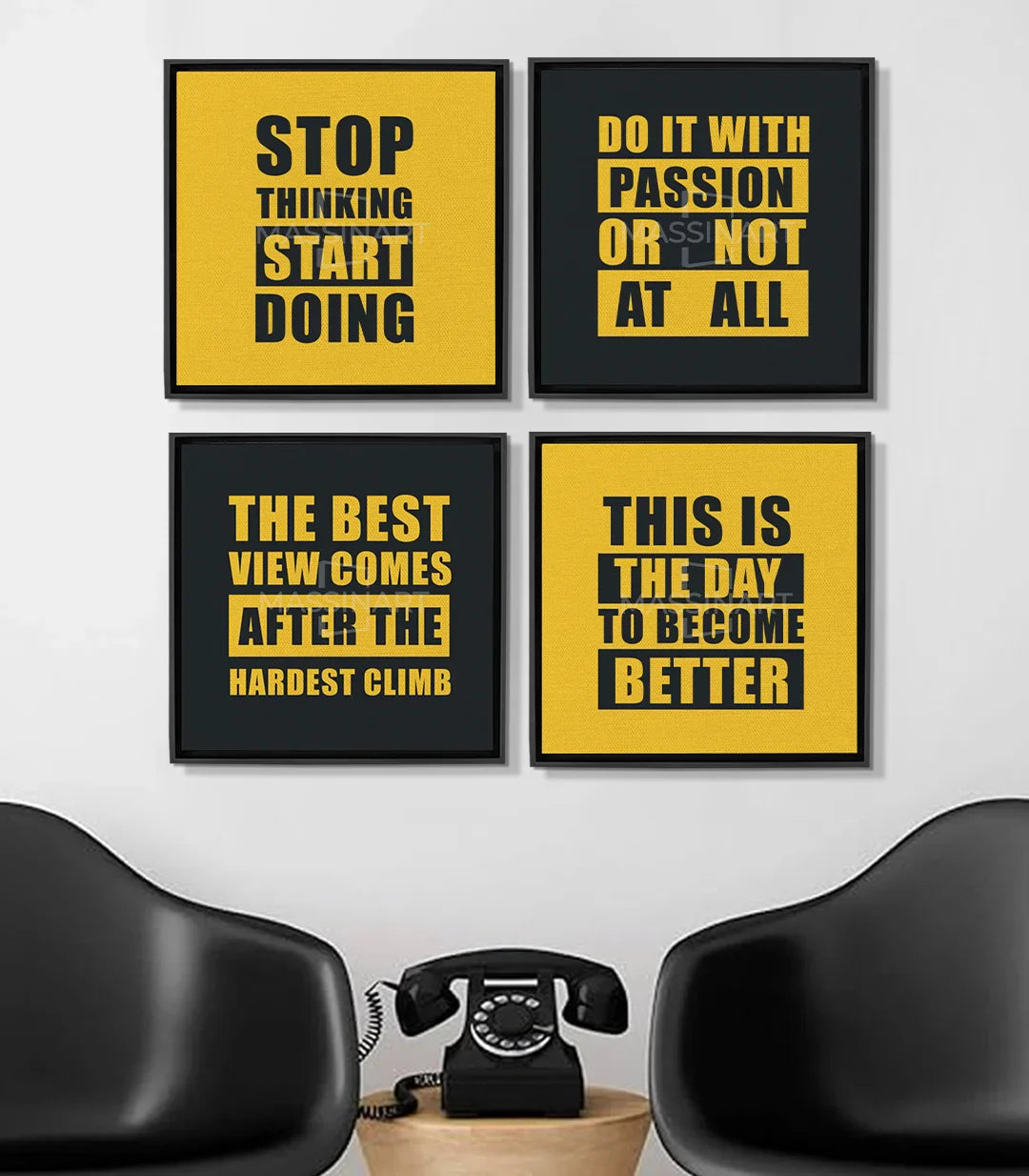 Cuadro Bold Drive Massinart — tríptico con citas motivadoras en negro y amarillo