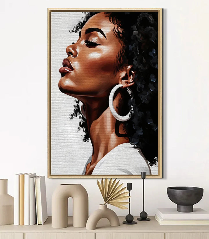 Cuadro retrato mujer moderno en salón decoración interior minimalista
