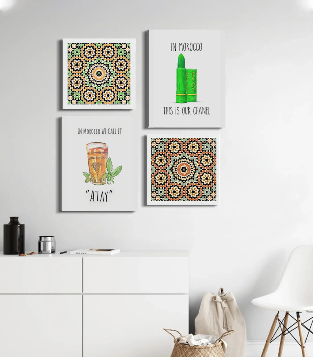 Cuadro con motivos geométricos zellige en blanco y verde, estilo marroquí contemporáneo