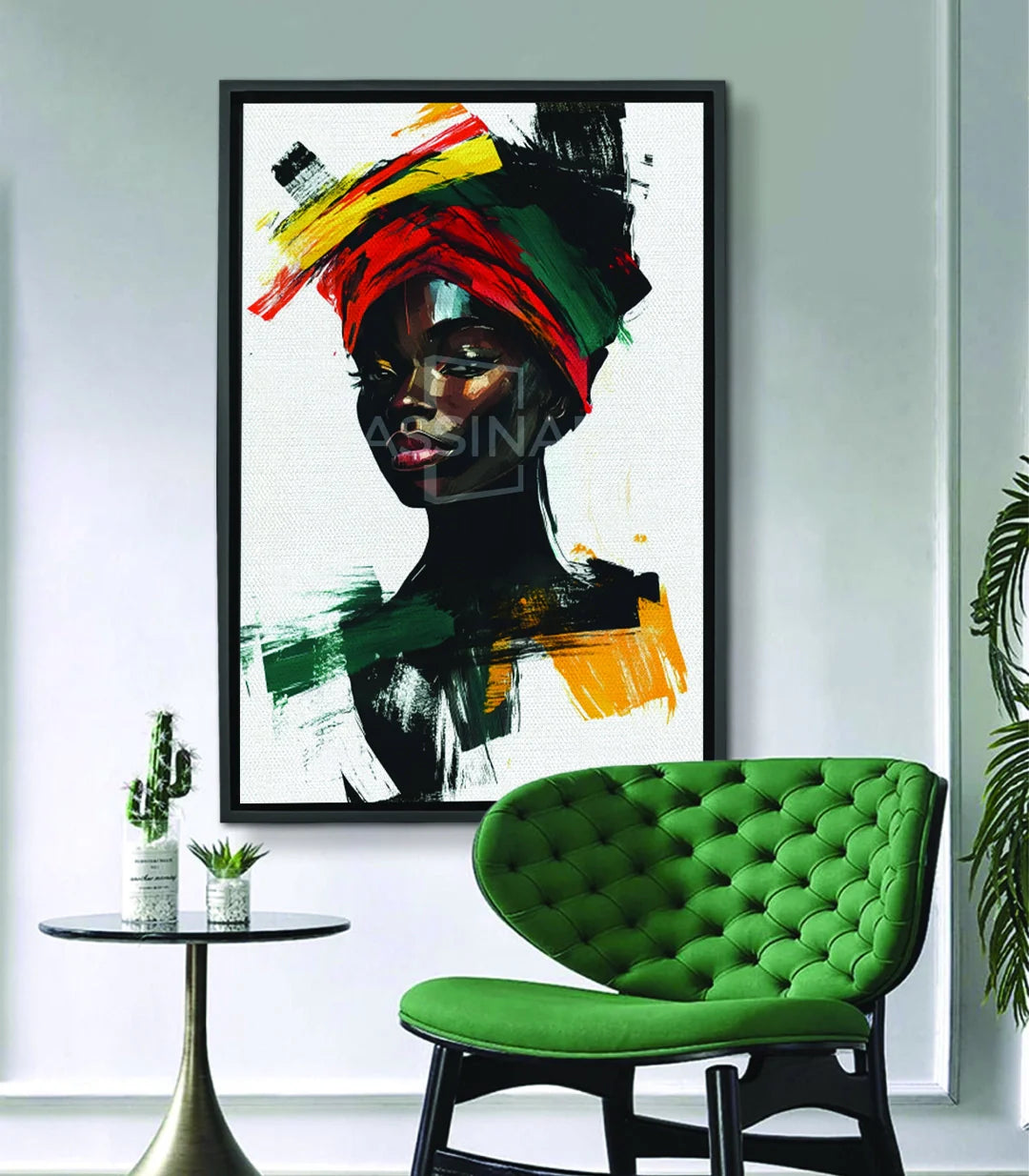 Cuadro Black Royalty retrato mujer africana headwrap rojo amarillo verde estilo expresionista Massinart