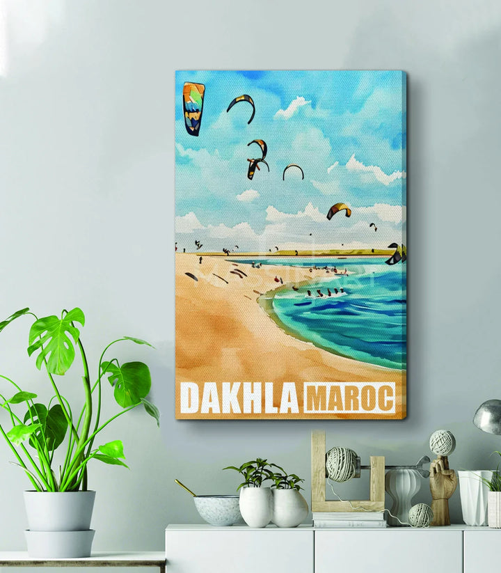 Cuadro Dakhla en dormitorio costero — lámina vintage playa Massinart