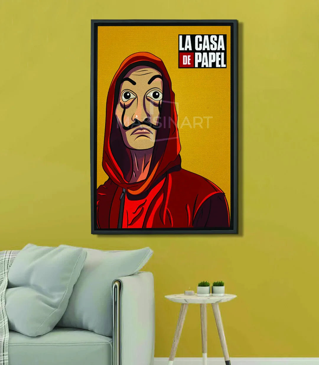 Cuadro La Casa de Papel retrato del Profesor máscara roja fondo amarillo estilo pop-art Massinart