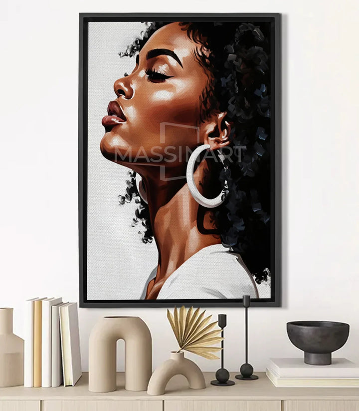 Cuadro Rooted Beauty retrato femenino de perfil con flores negras estilo contemporáneo
