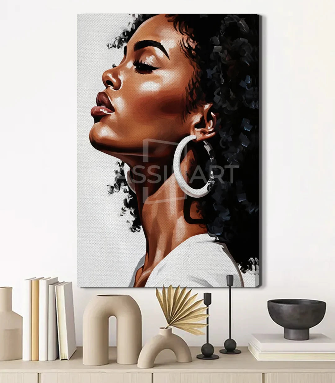 Cuadro retrato femenino con flores negras en dormitorio decoración pared
