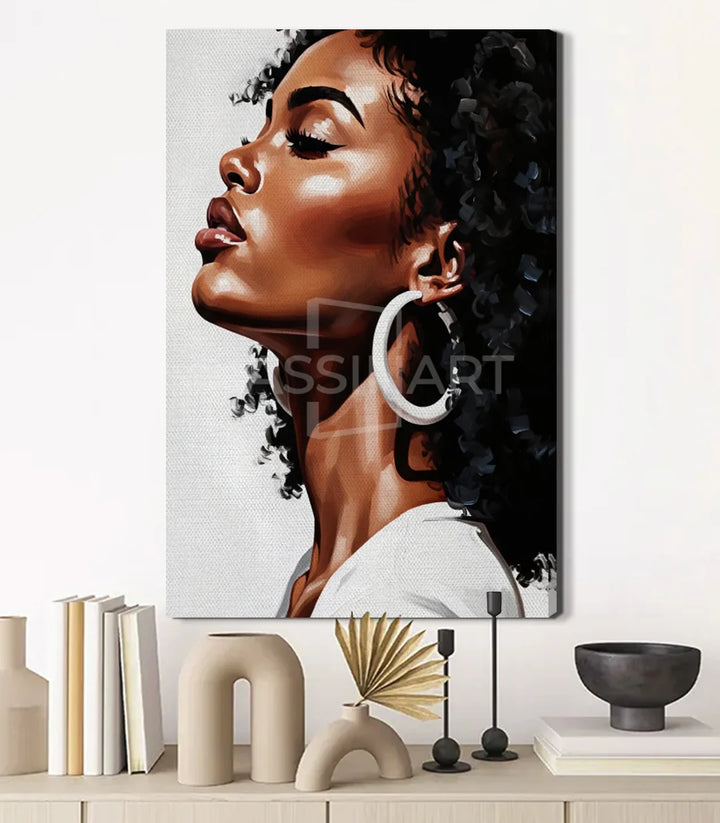 Cuadro retrato femenino con flores negras en dormitorio decoración pared