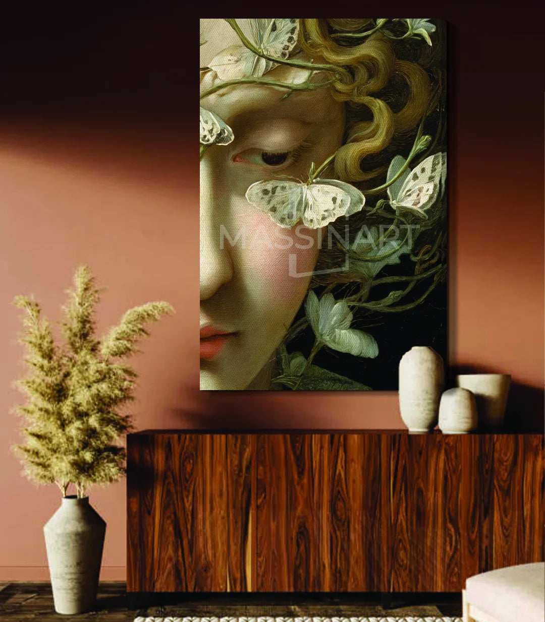Cuadro Dream Gaze detalle de marco — encuadre azul de madera maciza, acabado cuidado