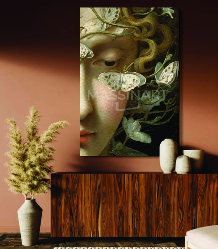Cuadro Dream Gaze detalle de marco — encuadre azul de madera maciza, acabado cuidado