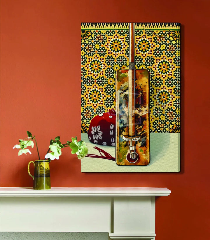 Detalle de paleta cálida terracota del cuadro Gnawa Rythm — decoración de interiores, Massinart