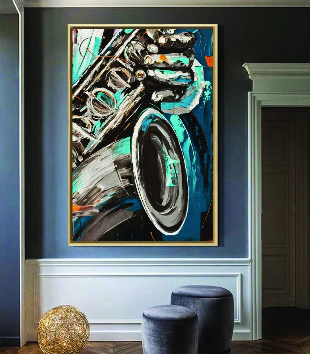 Cuadro Raw Jazz Massinart — ambientación en salón moderno con decoración mural