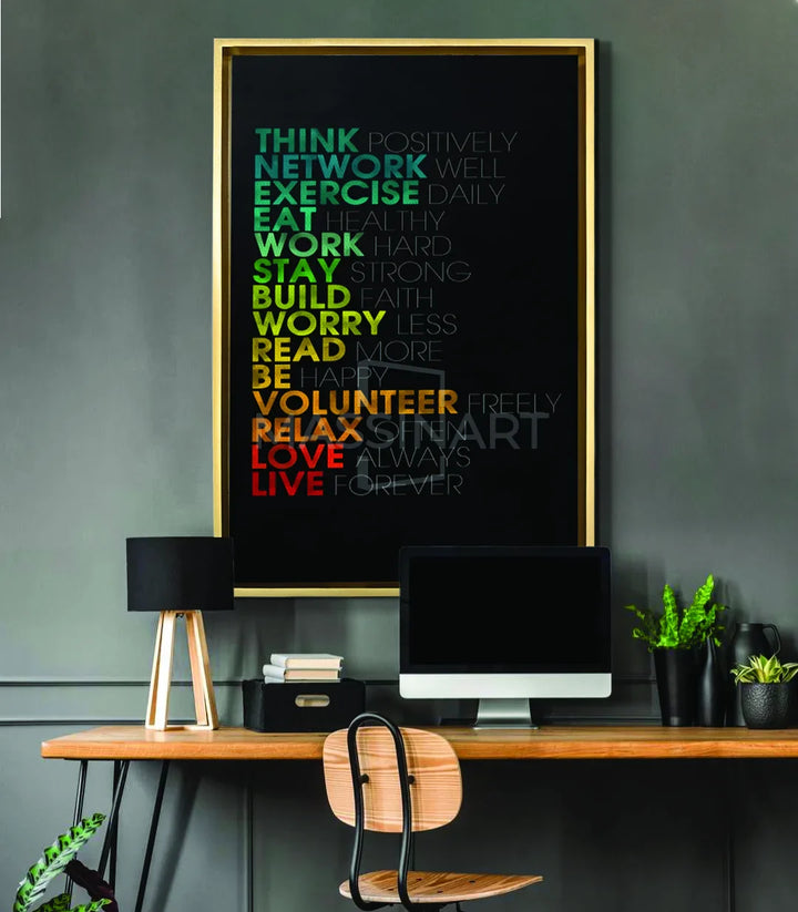 Decoración de interior con cuadro de tipografía colorida Think Grow en oficina