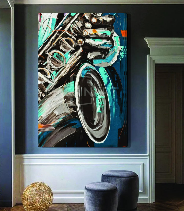 Detalle del cuadro de saxofón jazz Massinart — pintura expresionista azul turquesa