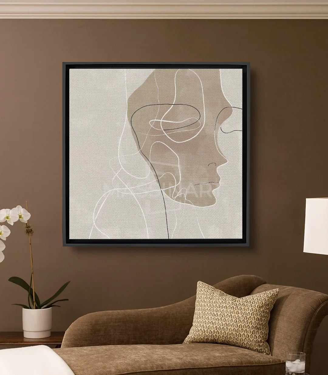 Cuadro perfil femenino minimalista Massinart — línea continua en beige y taupe