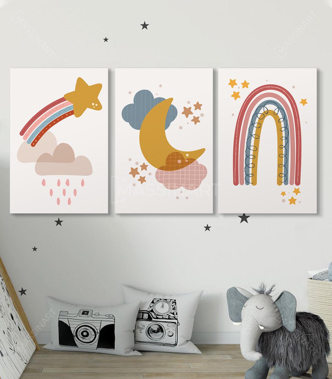 Cuadro arcoíris estrellado con nubes rosas y lluvia decoración infantil Massinart