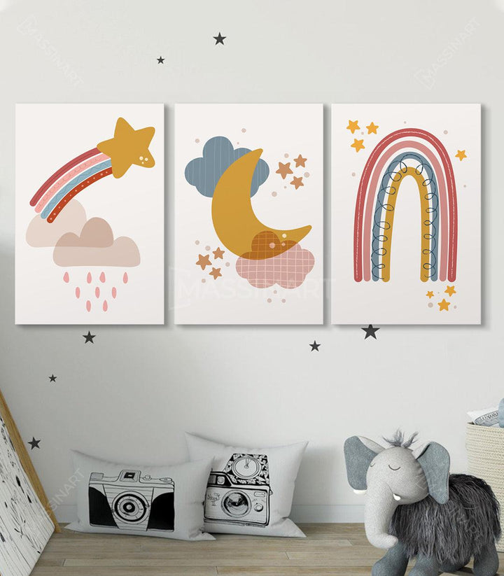 Cuadro arcoíris estrellado con nubes rosas y lluvia decoración infantil Massinart