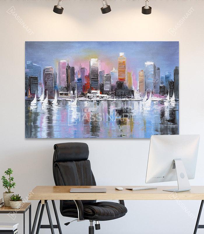 Cuadro Reflection of Buildings — skyline urbano en azul y rosa, estilo expresionista, Massinart