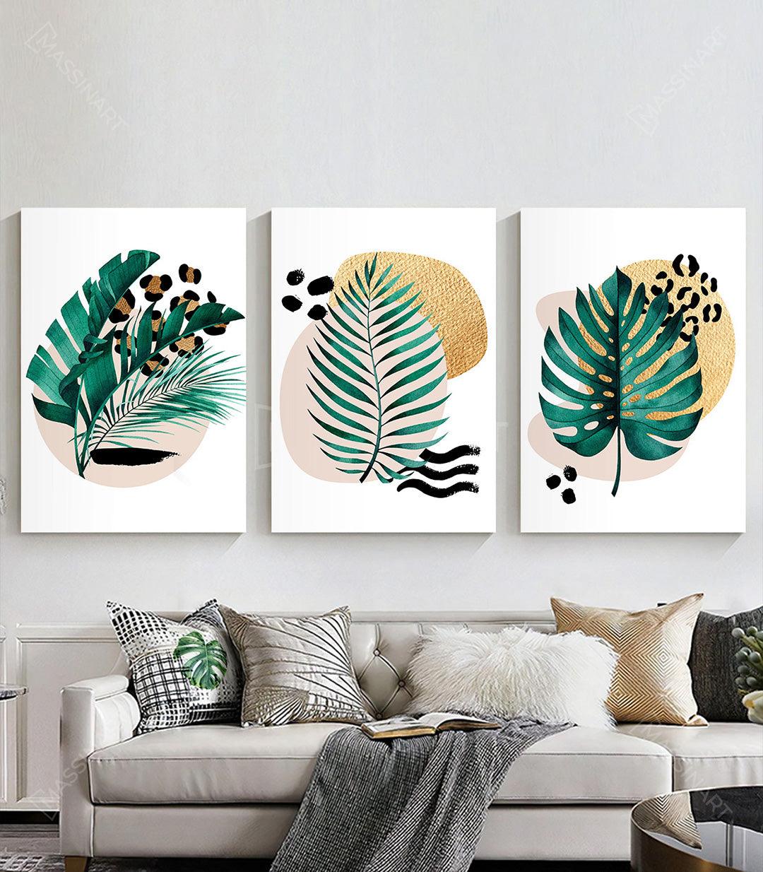 Cuadro Revival hojas de monstera verde y dorado — tríptico botánico contemporáneo Massinart