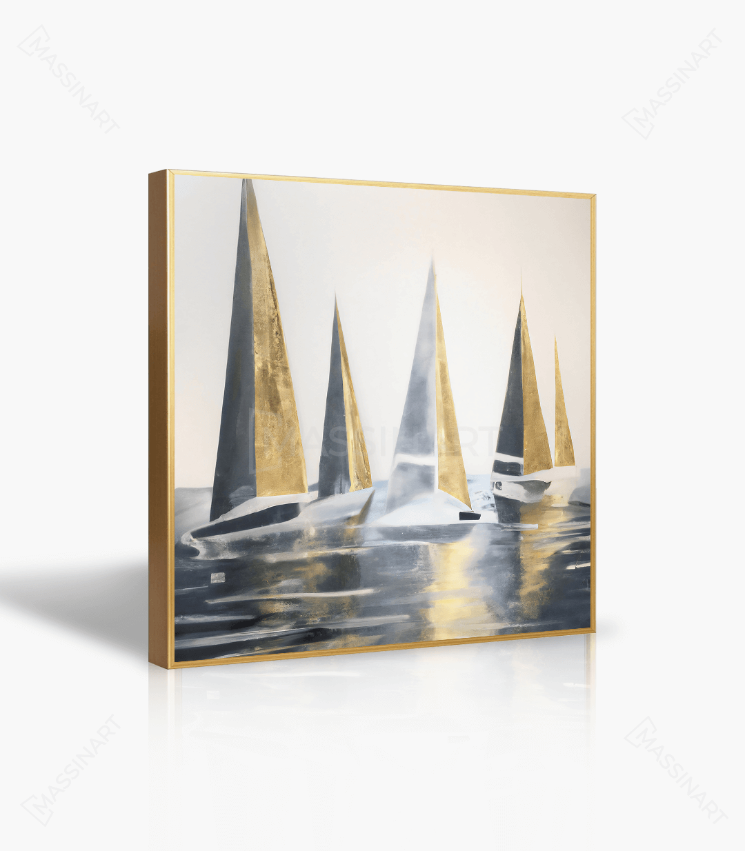 Detalle de cuadro abstracto Safe Harbor con toques dorados y silueta de embarcación, decoración interior