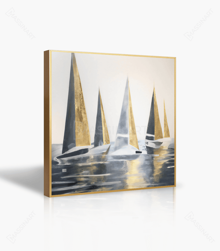 Detalle de cuadro abstracto Safe Harbor con toques dorados y silueta de embarcación, decoración interior
