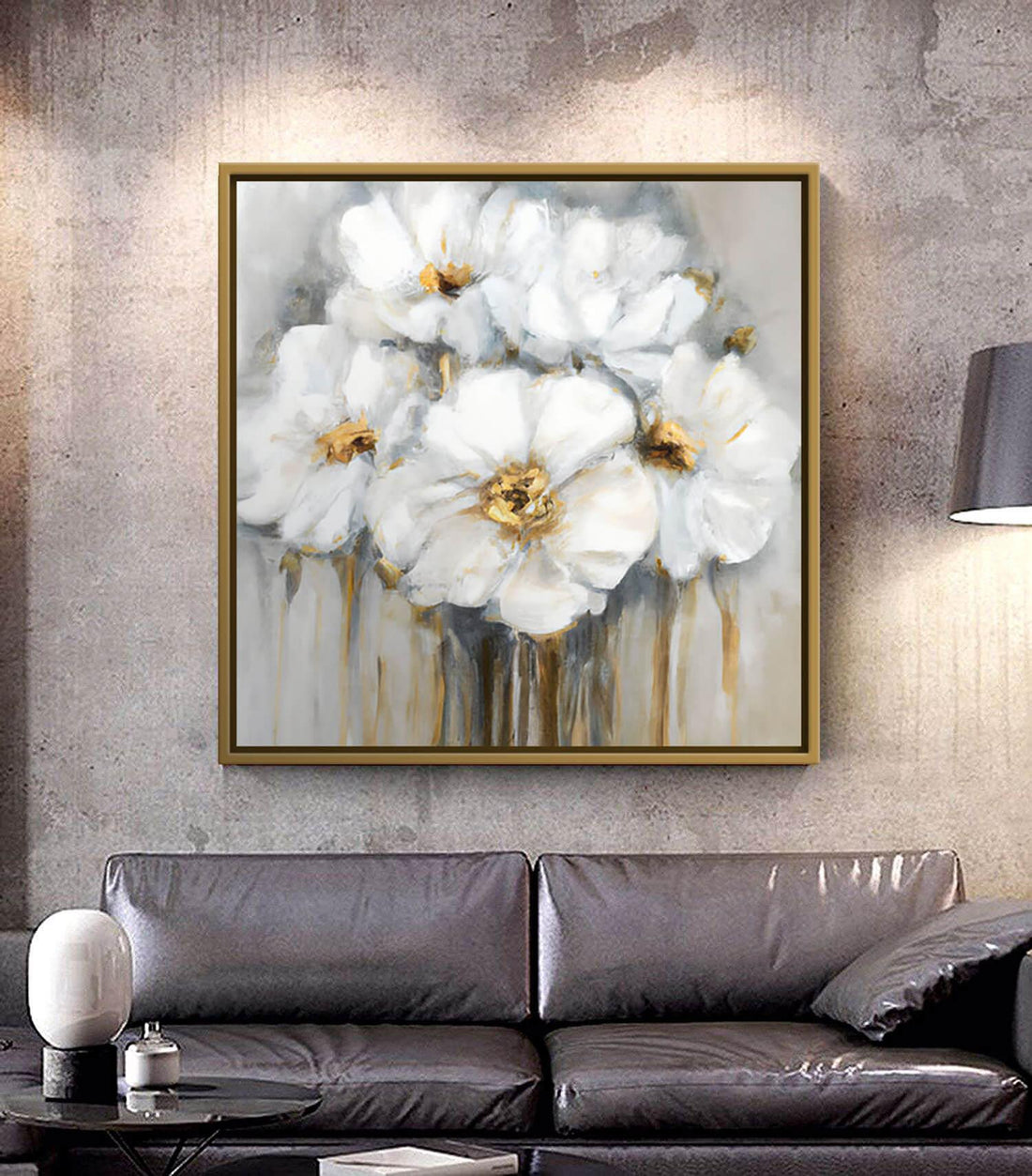 Cuadro flores blancas y doradas Silent Serenity Massinart — composición floral contemporánea abstracta