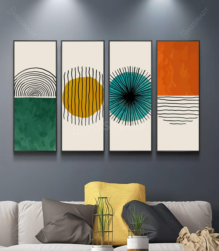 Cuadro Surrounding cuadriptyco — cuatro paneles verticales abstracto minimalista, círculos y líneas orgánicas en mostaza, naranja y beige sobre fondo cálido