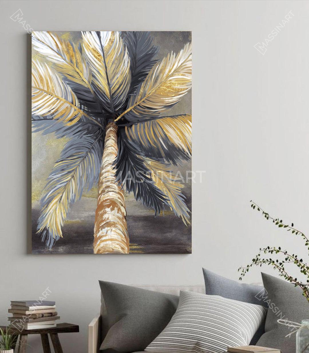 Cuadro de palmera tropical dorada con follaje estilizado, arte abstracto moderno — Massinart