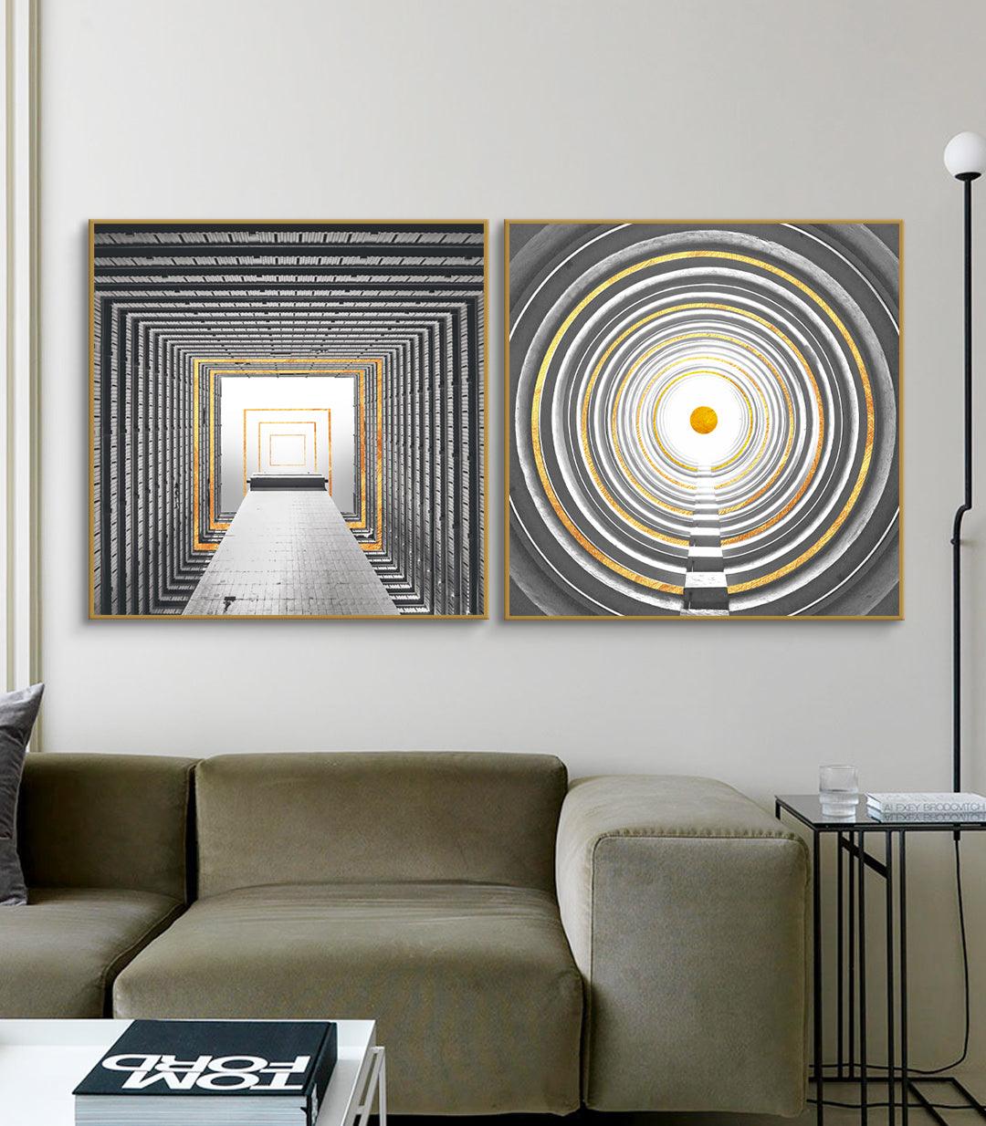 Cuadro Vision díptico — túnel perspectiva geométrica negro dorado gris Massinart