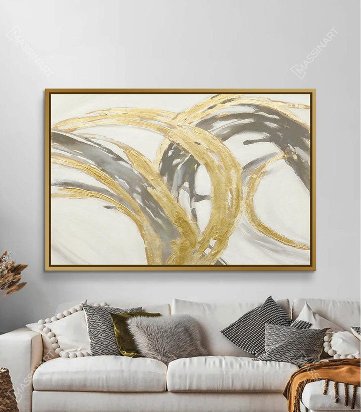 Cuadro Dreams arte abstracto con formas orgánicas doradas y grises, ambientación salón Massinart