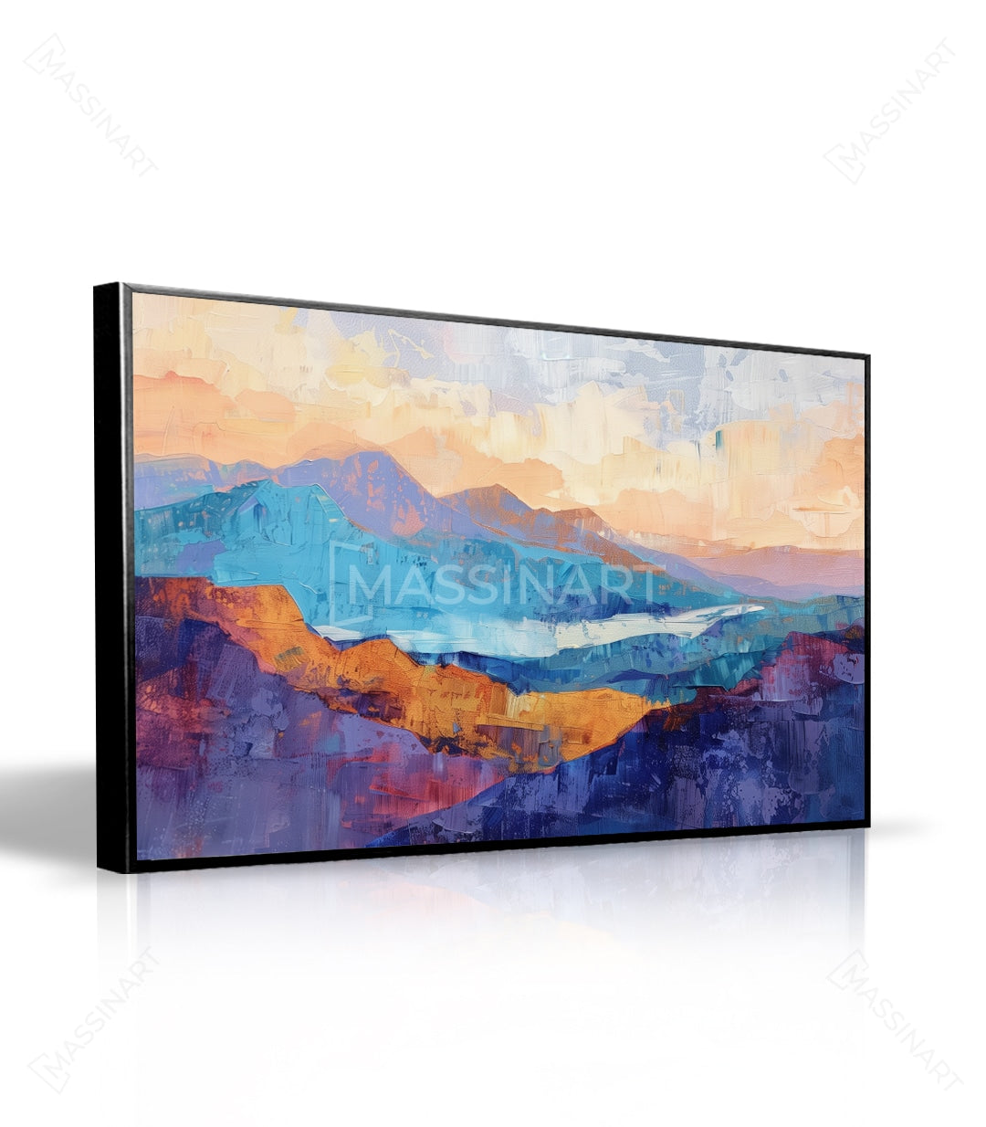 Cuadro paisaje abstracto Ebullience sobre sofá azul en salón de diseño Massinart