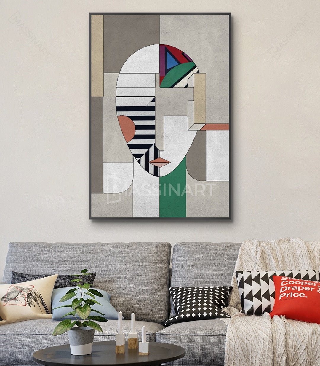 Cuadro Vertex retrato abstracto geométrico Massinart — rostro cubista en gris y verde