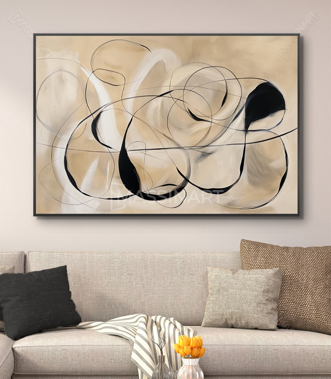 Cuadro Stoic abstracto minimalista — formas orgánicas negras y blancas sobre fondo beige, Massinart